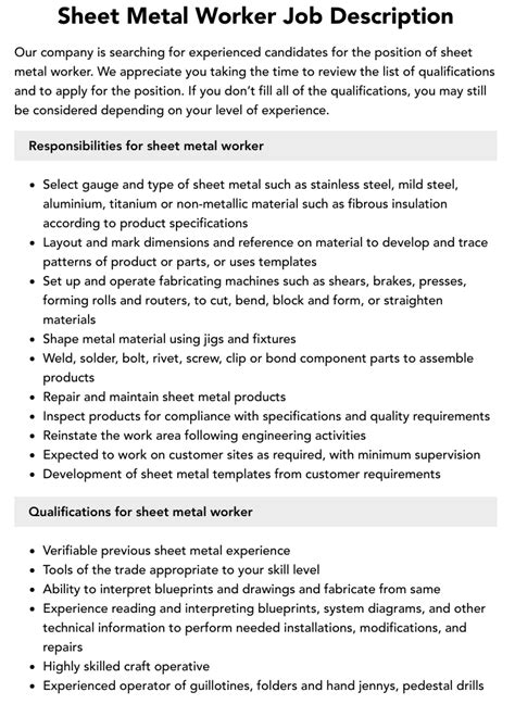 sheet metal design part time job|sheet metal worker responsibilities.